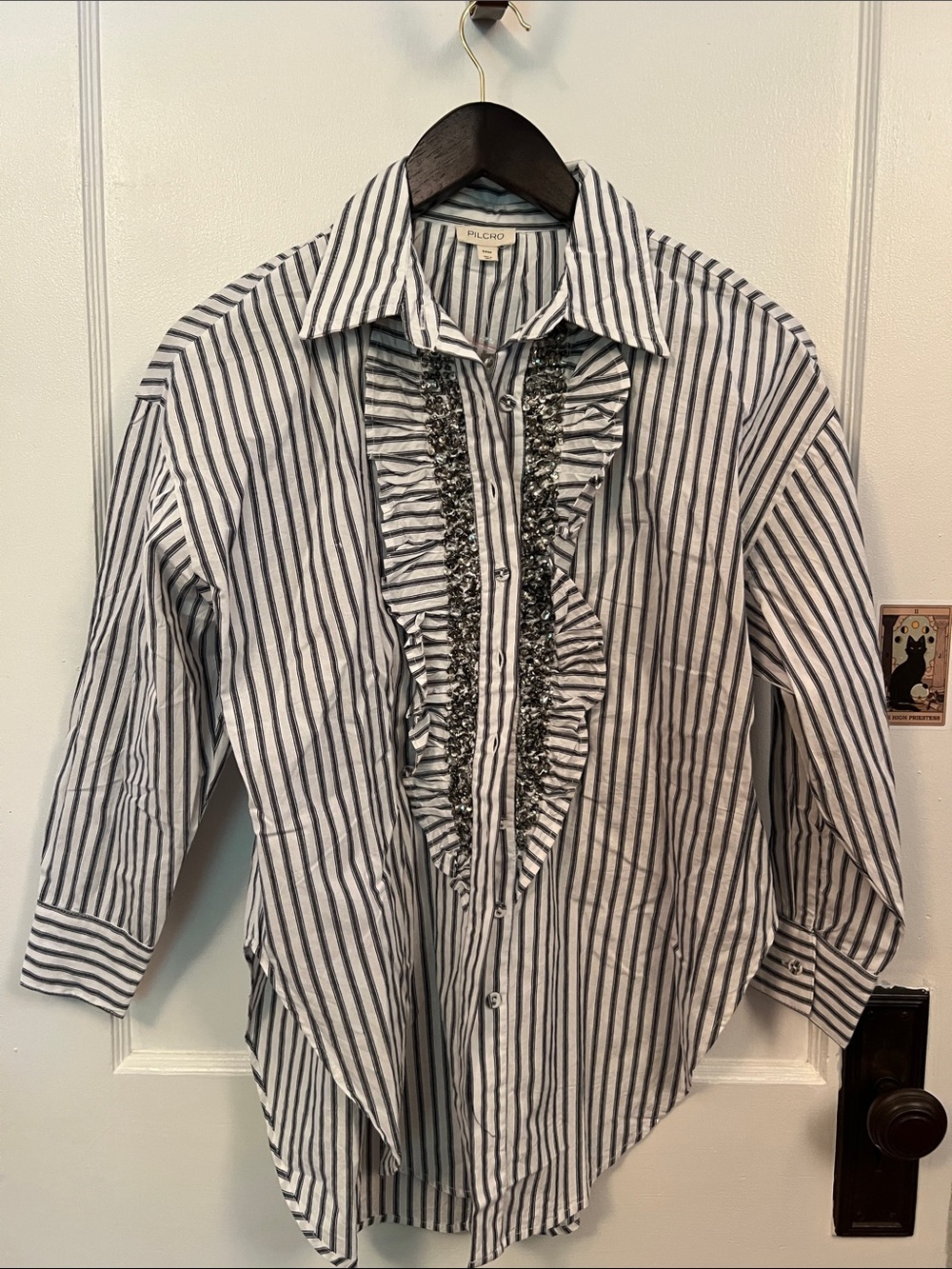 Pilcro Navy and White Striped Ruffle Front Shirt